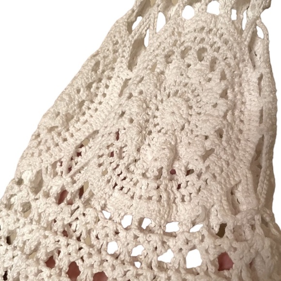 Floral Crocheted Creamy White Mini Dress Bell Sleeves. Coastal Gramma - Picture 9 of 11